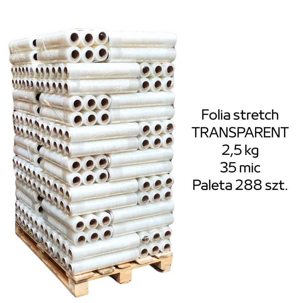 Paleta 288 sztuk transparentnej folii stretch 2,5kg