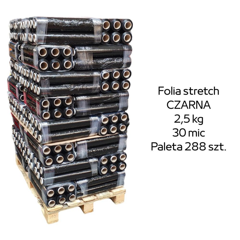 Paleta 288 sztuk czarnej folii stretch 2,5kg